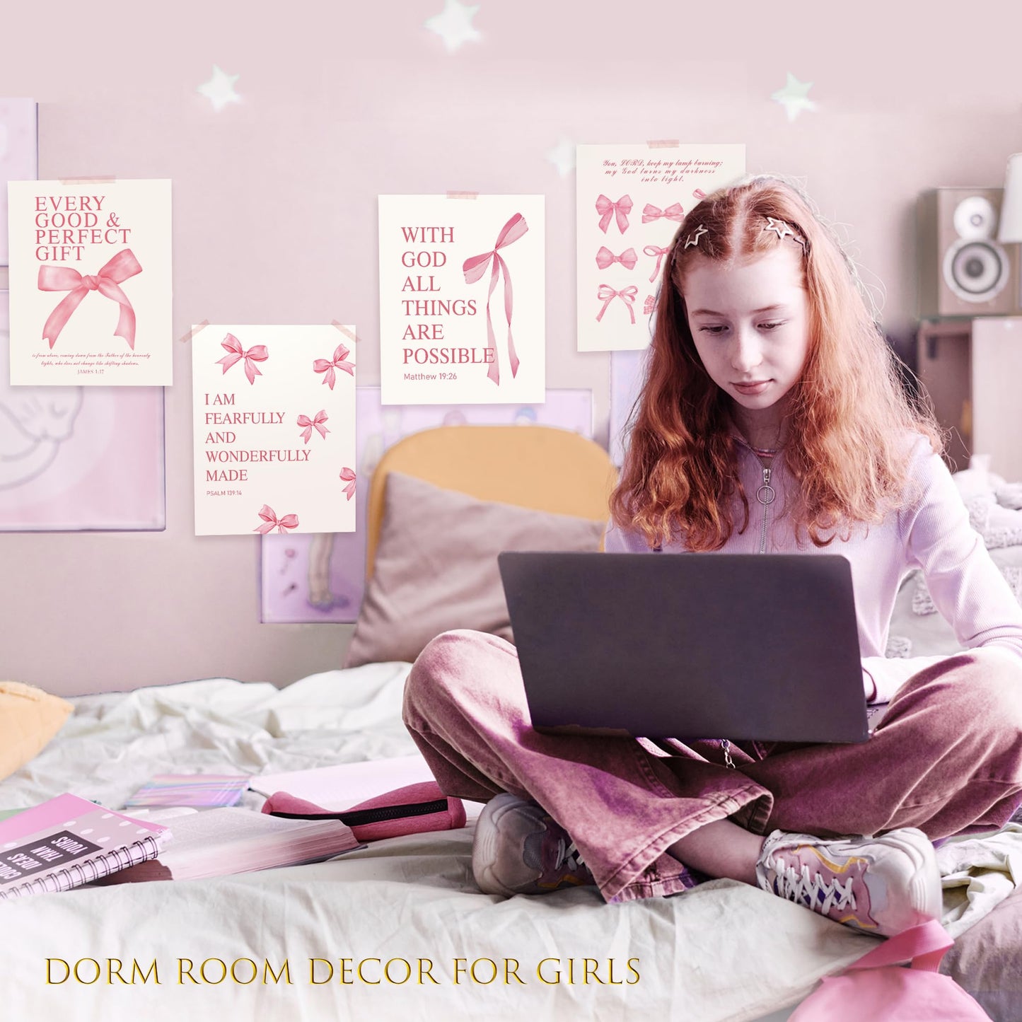 LARTSFRO Coquette Pink Bow Wall Art Decor Posters, Pink Bow Christian Room Bedroom Bathroom Dorm Wall Art Decor Aesthetic for College Teen Girls Gifts, Inspirational Bible Verses Bow Wall Decor, 10x8 Inch Set of 4 Pcs Bow Pictures (UNFRAMED)