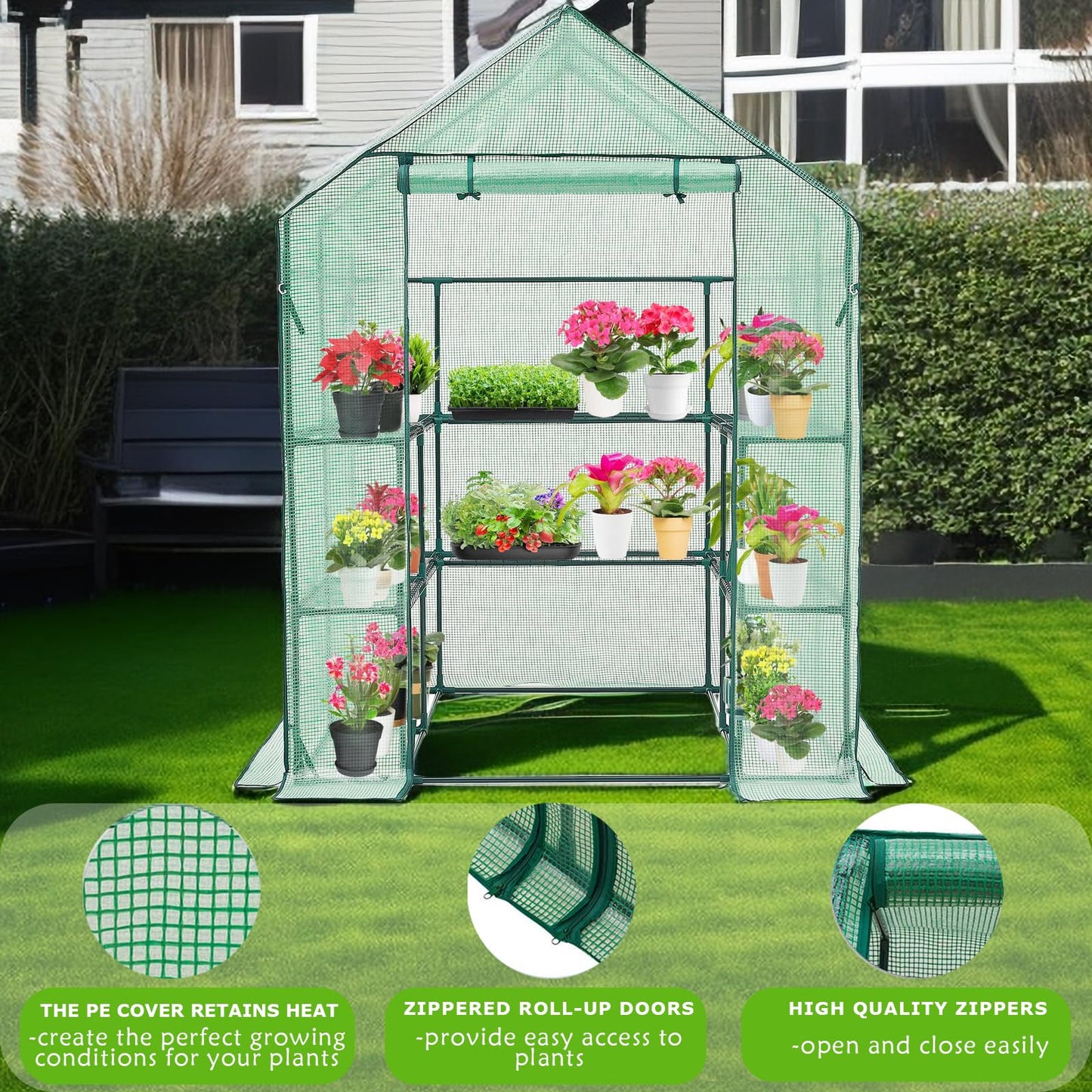 Purlyu Walk-in Greenhouse for Outdoors, Thickened PE Cover & Heavy Duty Powder-Coated Steel, Mesh Door & Screen Windows, 14 Sturdy Shelves 4.7x4.7x6.4 FT, (GHW002G)