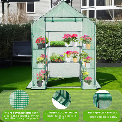 Purlyu Walk-in Greenhouse for Outdoors, Thickened PE Cover & Heavy Duty Powder-Coated Steel, Mesh Door & Screen Windows, 14 Sturdy Shelves 4.7x4.7x6.4 FT, (GHW002G)
