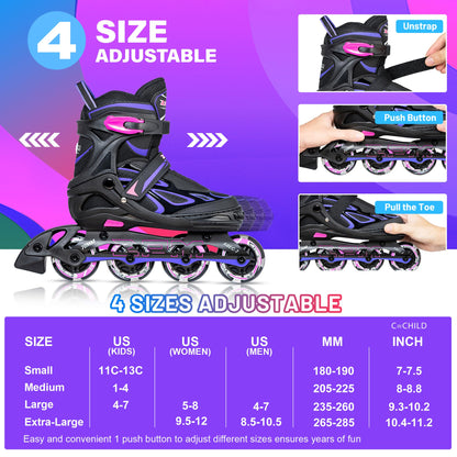 2pm Sports Vinal Girls Adjustable Inline Skates with Light up Wheels Beginner Skates Fun Illuminating Roller Skates for Kids Boys and Ladies - Violet Medium(1Y-4Y US)