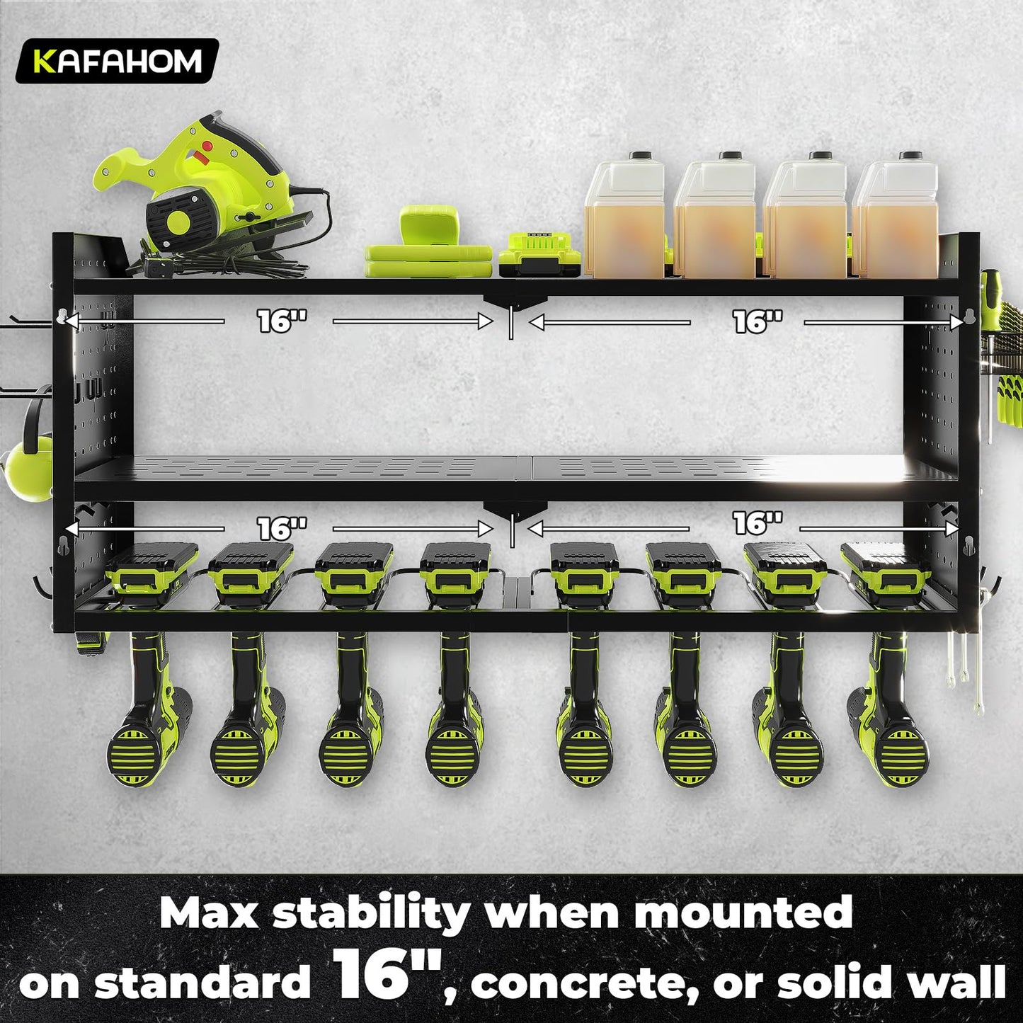 KAFAHOM Power Tool Organizer with Charging Station, Built in 8 Outlet Power Strip,Large 8 Drill Holder Wall Mount, Heavy Duty Metal Power Tool Storage Rack Tool Shelf for Garage Organization Black