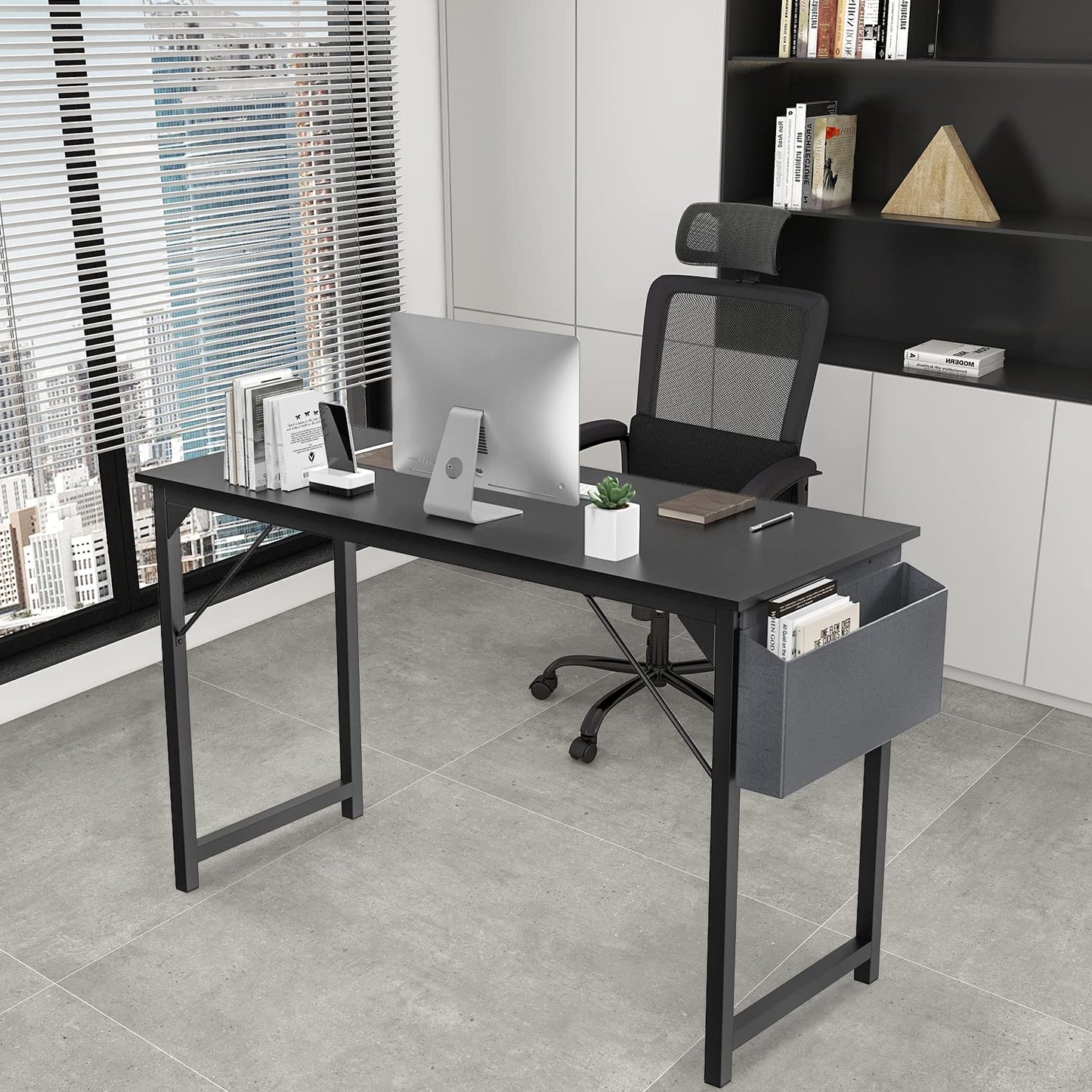 OLIXIS Computer Office Desk, 48 Inch Writing Work Study PC Wood Modern Desk with Storage Bag & Headphone Hook Simple Bedroom for 2 Person Kids Student Table, Black