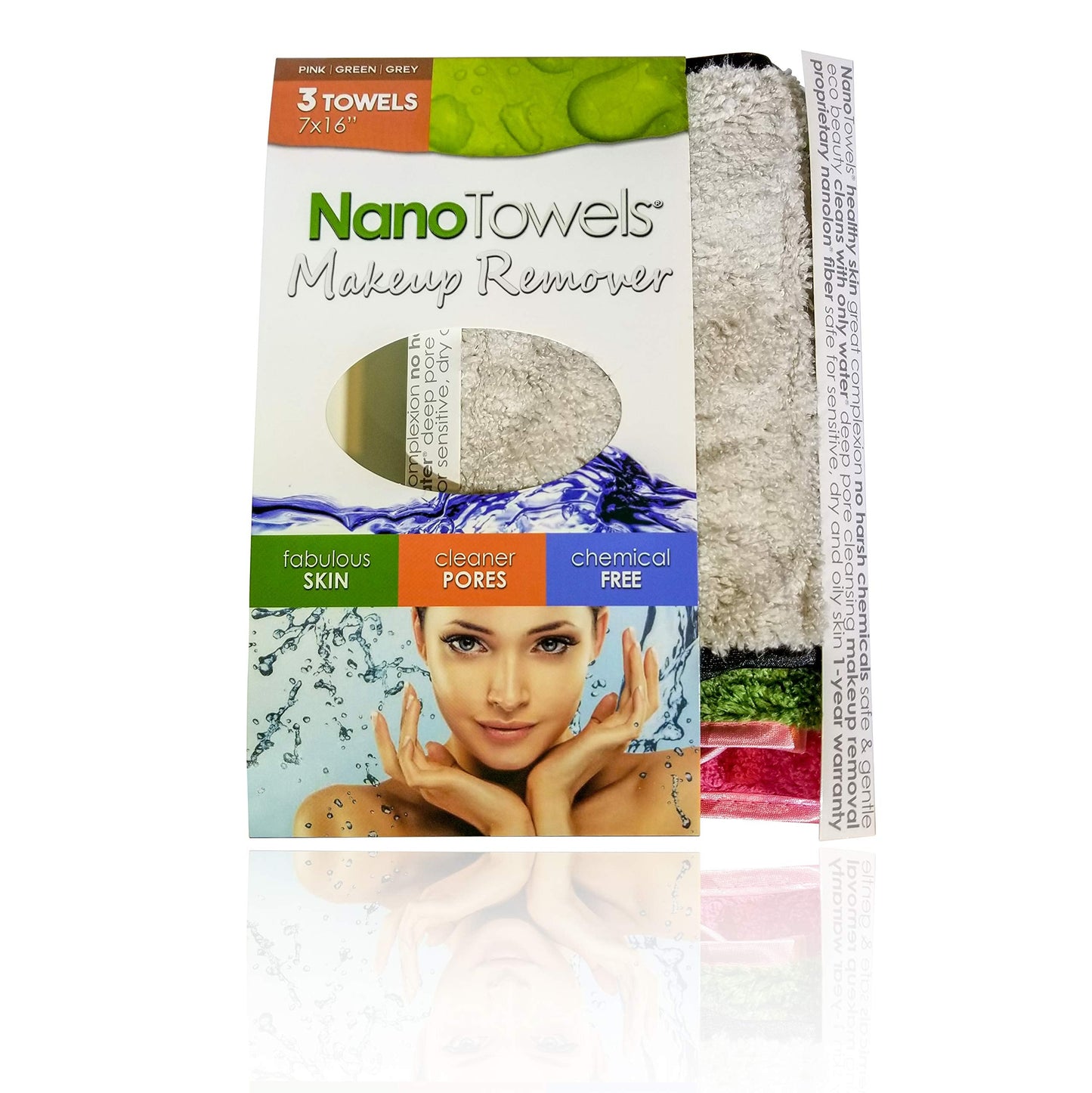 Nano Towel Makeup Remover Face Wash Cloth Multi Color 3-PACK. Remove Cosmetics FAST and Chemical Free. Wipes Away Facial Dirt and Oil Like An Eraser. Great for Sensitive Skin, Acne (Grey, Pink, Green)