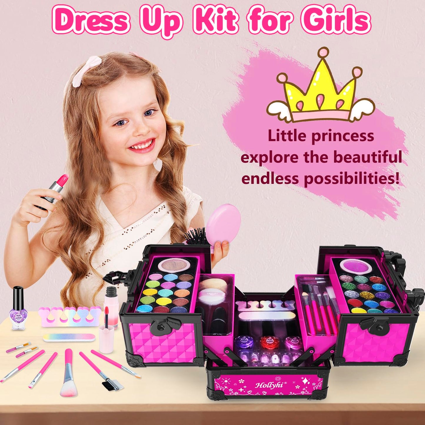 Hollyhi 59 Pcs Kids Makeup Kit for Girl, Washable Play Makeup Toys Set for Dress Up, Pretend Beauty Vanity Set with Cosmetic Case Birthday Toys for Girls 3 4 5 6 7 8 9 10 11 12 Year Old Kids Toddlers