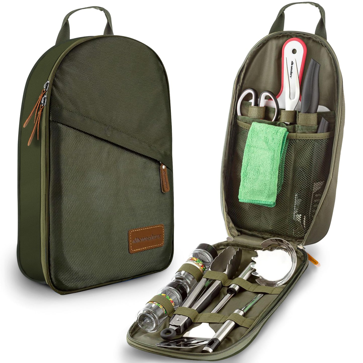 12 Piece Camp Kitchen Cooking Utensil Set Travel Organizer Grill Accessories Portable Compact Gear for Backpacking BBQ Camping Hiking Travel Cookware Kit Water Resistant Case (Green)