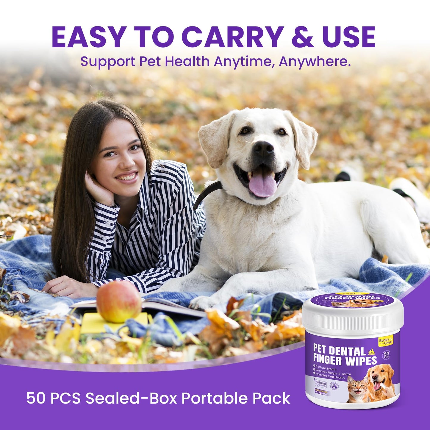 No-Rinse Dog Dental Care Wipes, Cat & Dog tooth brushing kit, Dog Wipes for Pet & Cat Teeth Cleaning, Dog toothbrush Finger Dental Wipes to Remove Plaque & Tartar, Disposable Dog Wipes - 50 Count