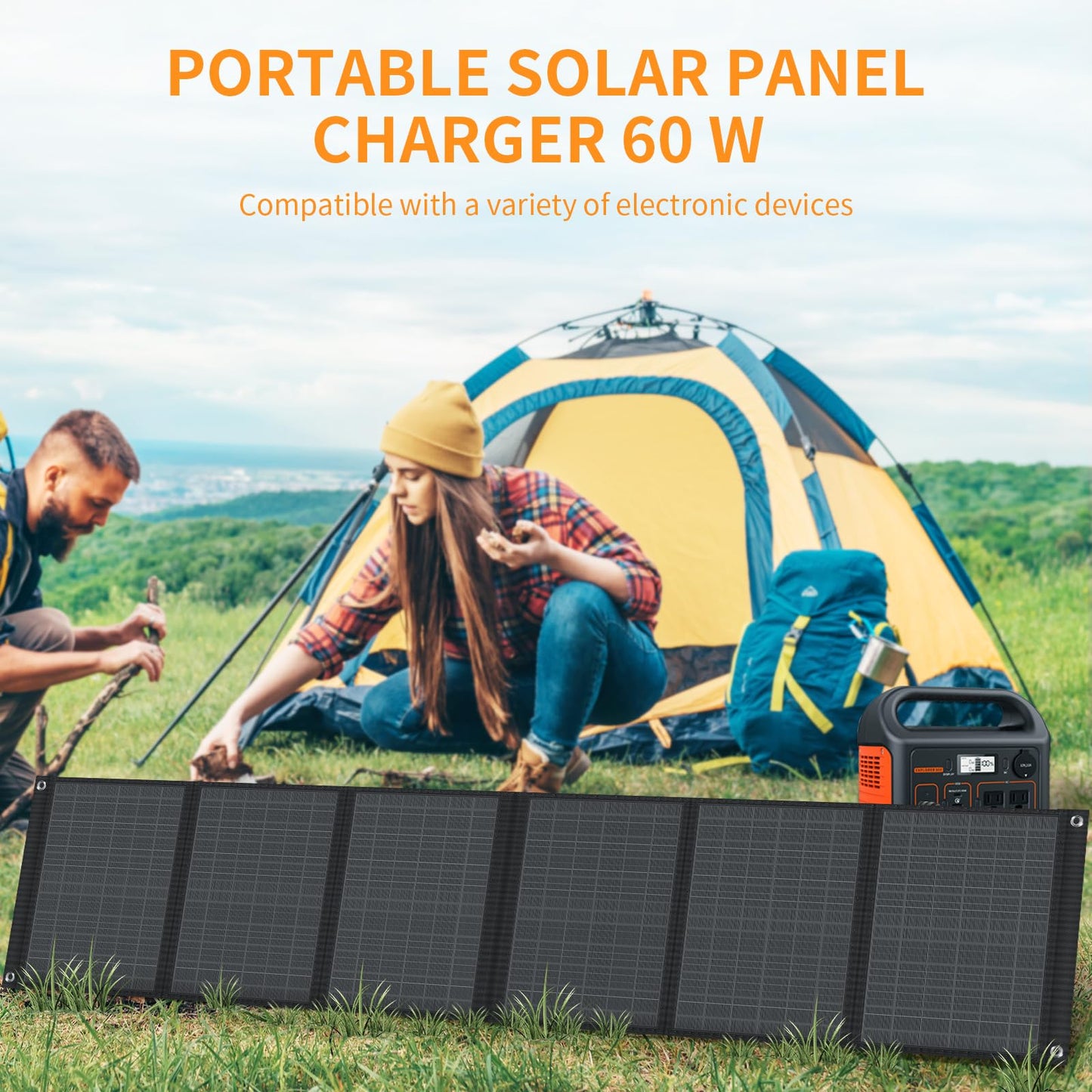 Keshoyal Portable Solar Panel – 60W Foldable Solar Panels with 5V USB and 18V DC for Camping,Cell Phone,Tablet and 5-18V Devices – Compatible with Solar Generators Power Stations