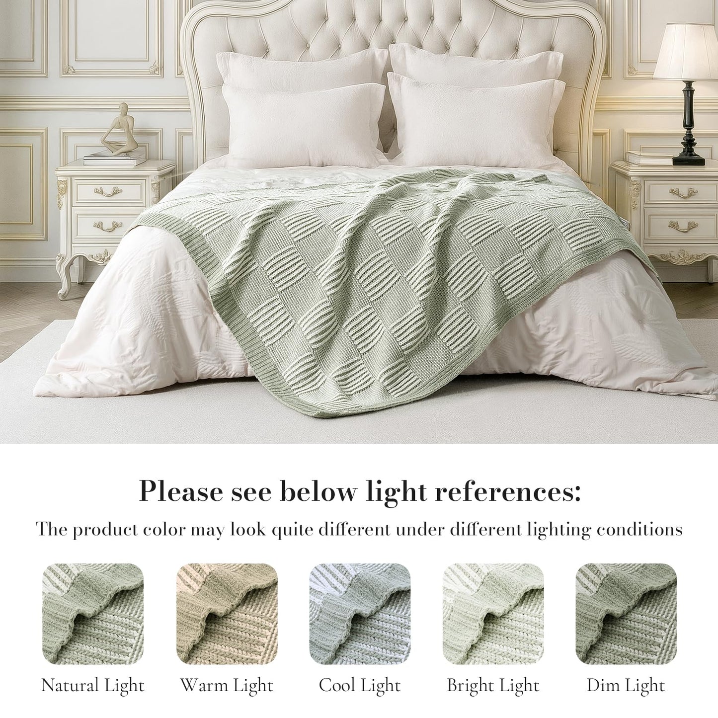 Amélie Home Chenille Knit Throw Blanket for Couch, Checkered Texture Decorative Soft Blanket for Sofa, Bed & Living Room, 50"x60", Sage Green & White