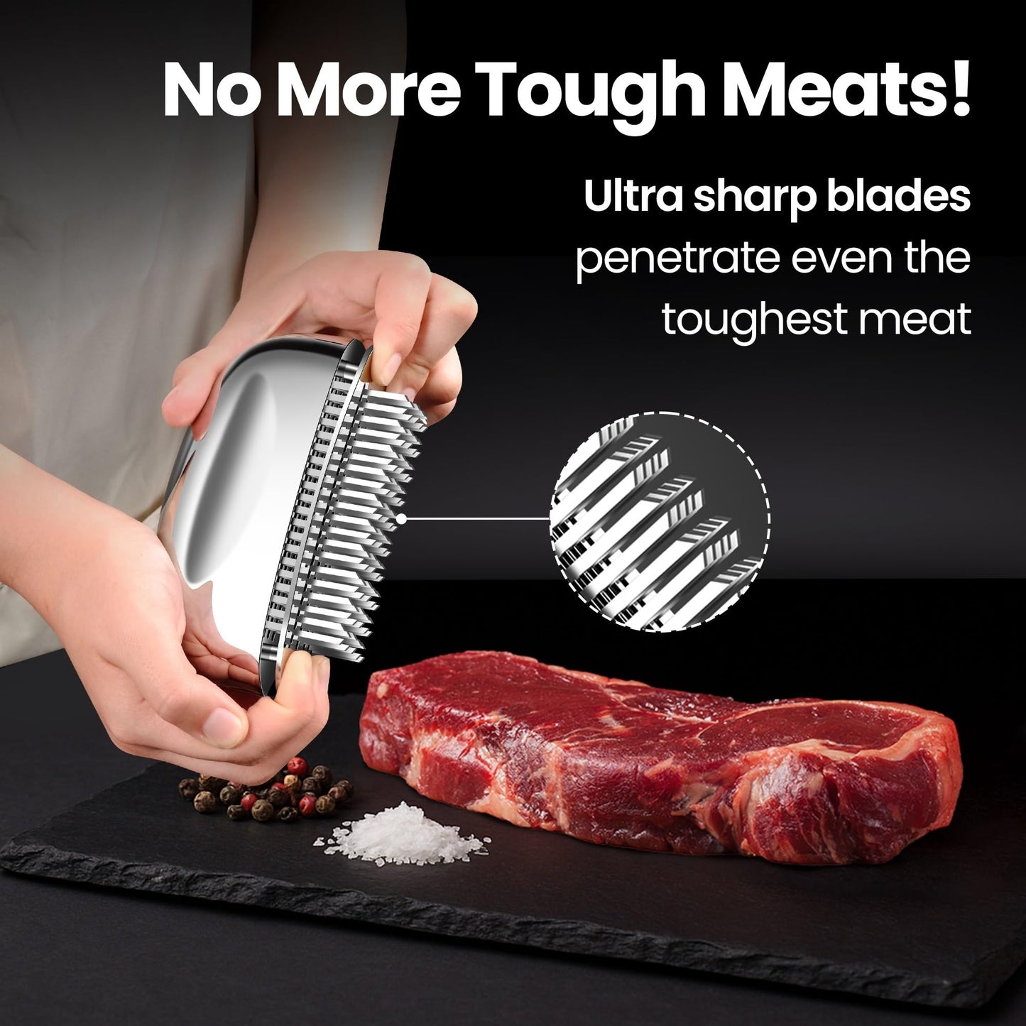 Meat Tenderizer Tool, Easy to Clean, One Piece Design - No Disassembly Needed, Ultra Sharp Needle Blades 100% Stainless Steel, Heavy-Duty Kitchen Gadgets, Meat Needle, Cooking Gadget for Tenderizing