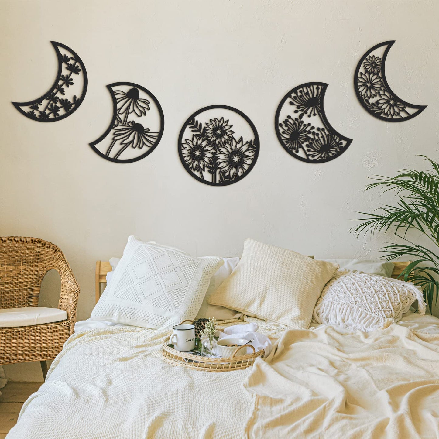 Jetec 5 Pcs Moon Phase Wall Hanging Decor Art Above Bed Boho Moon Phase Nordic Wood Wall Pediment Ornament for Living Room Bedroom Home Decoration Room Apartment Bar(Black)
