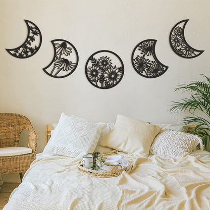 Jetec 5 Pcs Moon Phase Wall Hanging Decor Art Above Bed Boho Moon Phase Nordic Wood Wall Pediment Ornament for Living Room Bedroom Home Decoration Room Apartment Bar(Black)