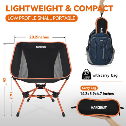 MARCHWAY Lightweight Folding Camping Chair, Portable Foldable Compact for Outdoor Camp, Travel, Beach, Picnic, Festival, Hiking, Backpacking, Supports 330Lbs (Orange)