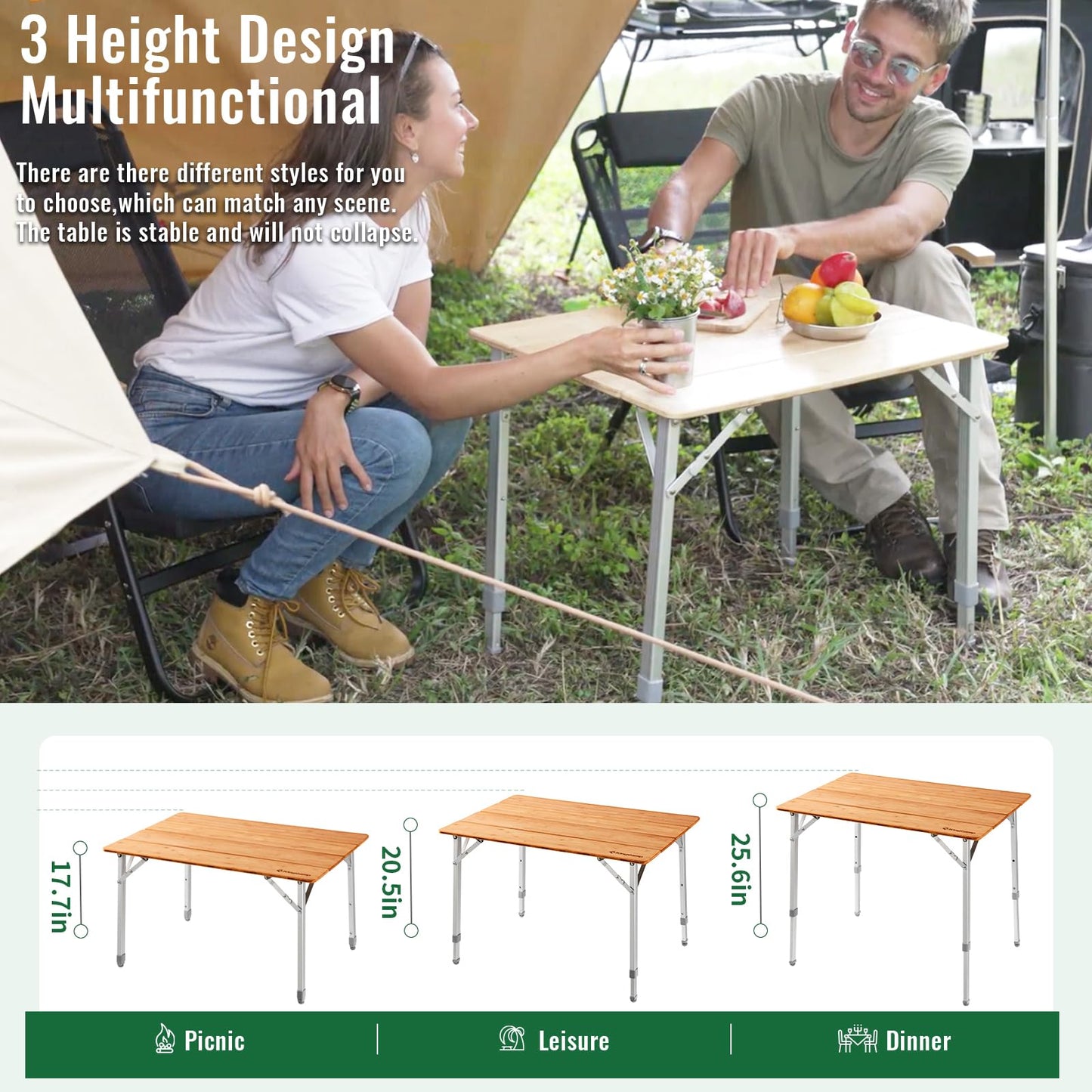 KingCamp Adjustable Height Folding Table, 4-Fold Bamboo Camping Outdoor Portable RV Camp Table with Carry Bag for Outdoor Car Backyard Picnic Tailgating Beach