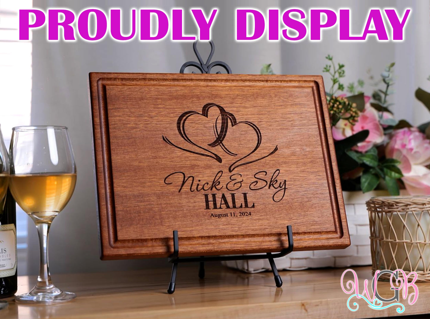 Personalized Cutting Board, Custom Wedding, Anniversary or Housewarming Gift Idea, Wood Engraved Charcuterie, for Newlyweds and Couples, Two Hearts Design 027