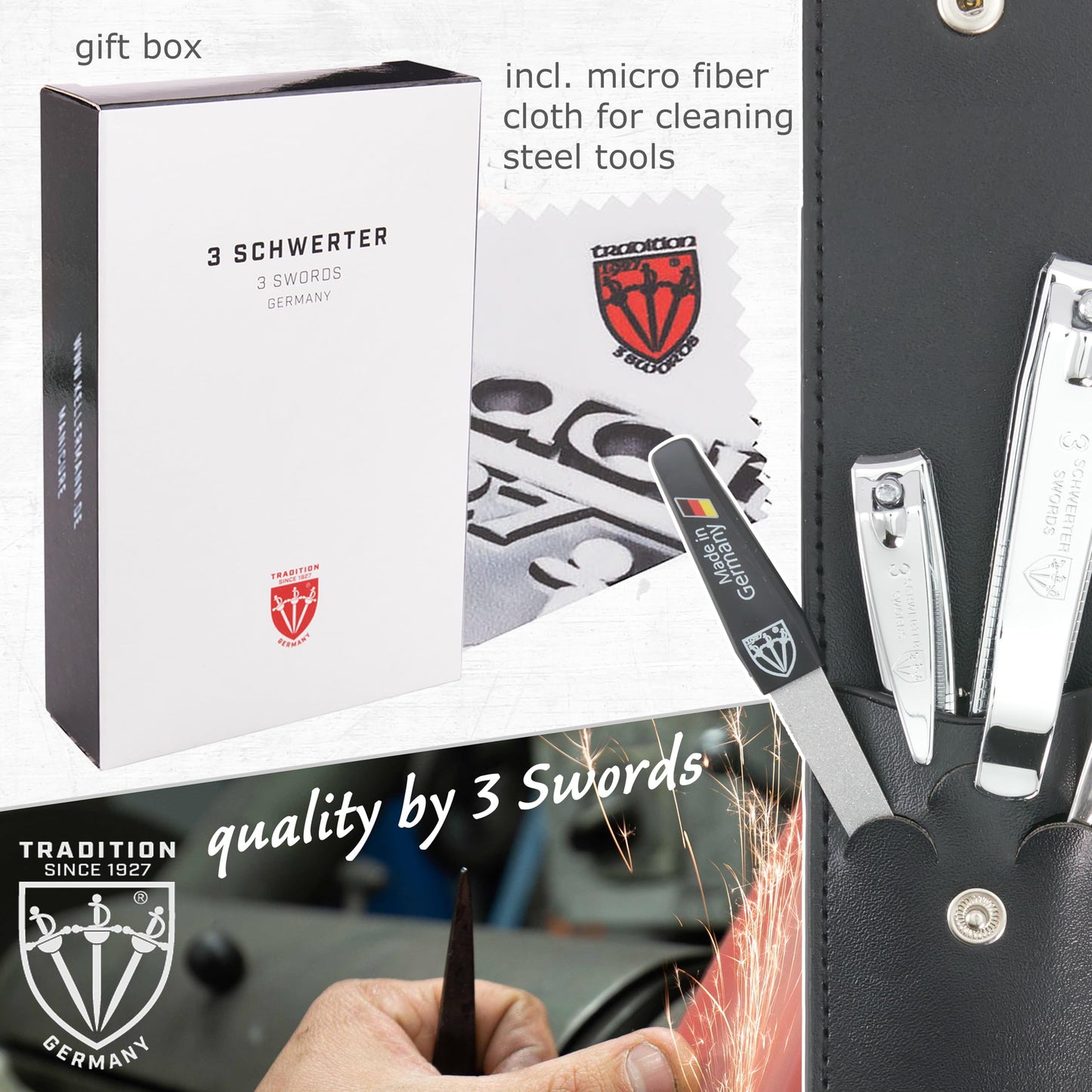 3 Swords Germany - Brand Quality 4 Piece Manicure Pedicure Grooming kit Set for Professional Finger & Toe Nail Care Tweezers File Clipper Fashion Leather case in Gift Box, Made by 3 Swords (77211)