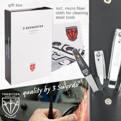 3 Swords Germany - Brand Quality 4 Piece Manicure Pedicure Grooming kit Set for Professional Finger & Toe Nail Care Tweezers File Clipper Fashion Leather case in Gift Box, Made by 3 Swords (77211)