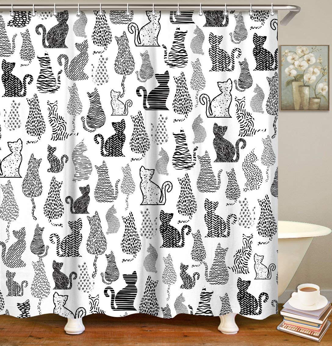 LIVILAN Cat Shower Curtain for Bathroom Cute Shower Curtain with 12 Hooks Kitten Animal Decorative Black and White Fabric Bath Curtain Gift for Cat Lovers Kids and Girls Machine Washable (72"W X 72"H)