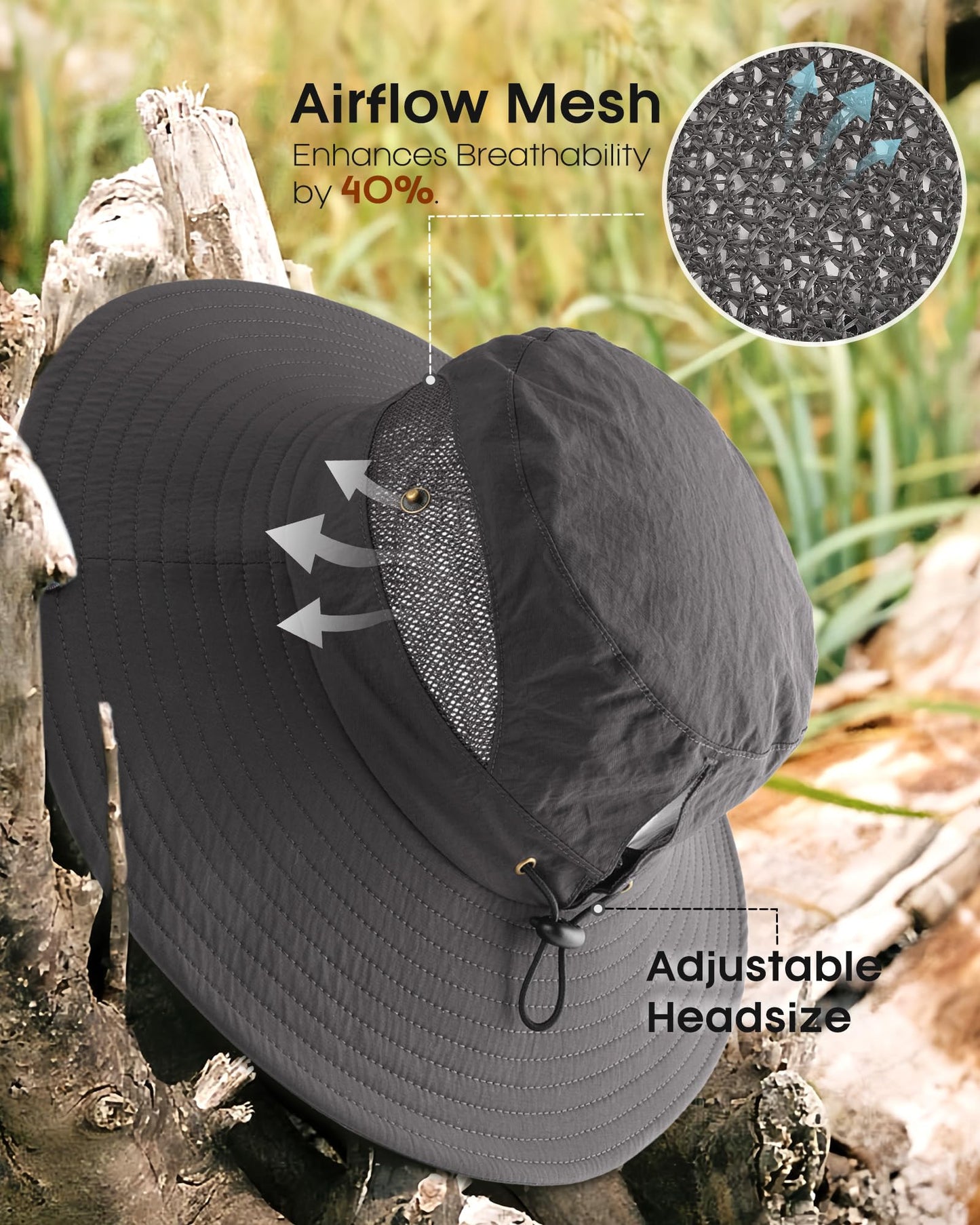 FURTALK Womens Sun Hat Beach Summer Wide Brim UPF 50+ Outdoor Protection Foldable Lightweight Ponytail Bucket Hat Dark Grey, One Size