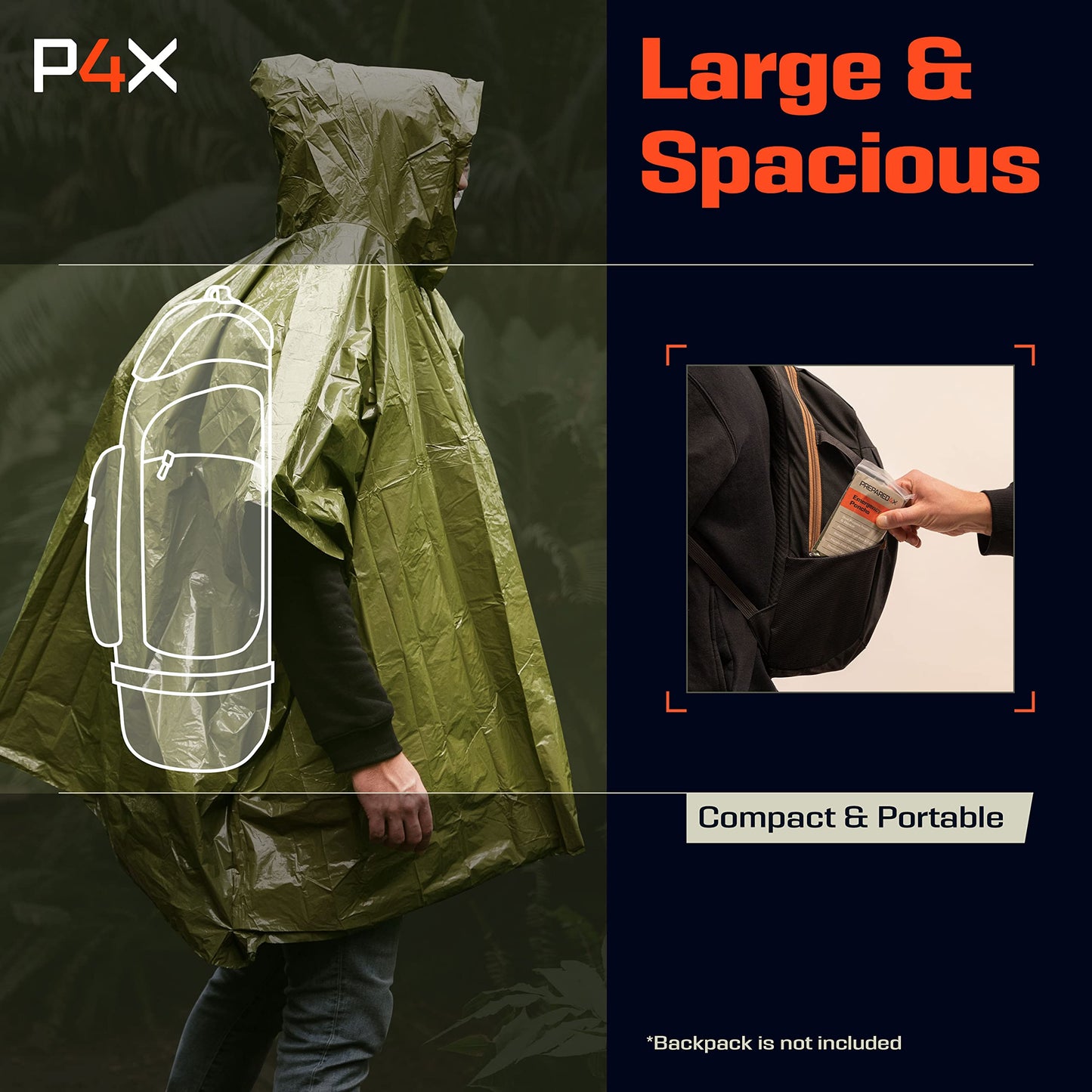 PREPARED4X Emergency Poncho with Mylar Blanket Liner – Heavy Duty, Waterproof, Wind-Resistant Green Rain Poncho for Outdoors, Camping, and Car Emergency Kits - Thermal Poncho - 4 Pack (Green)