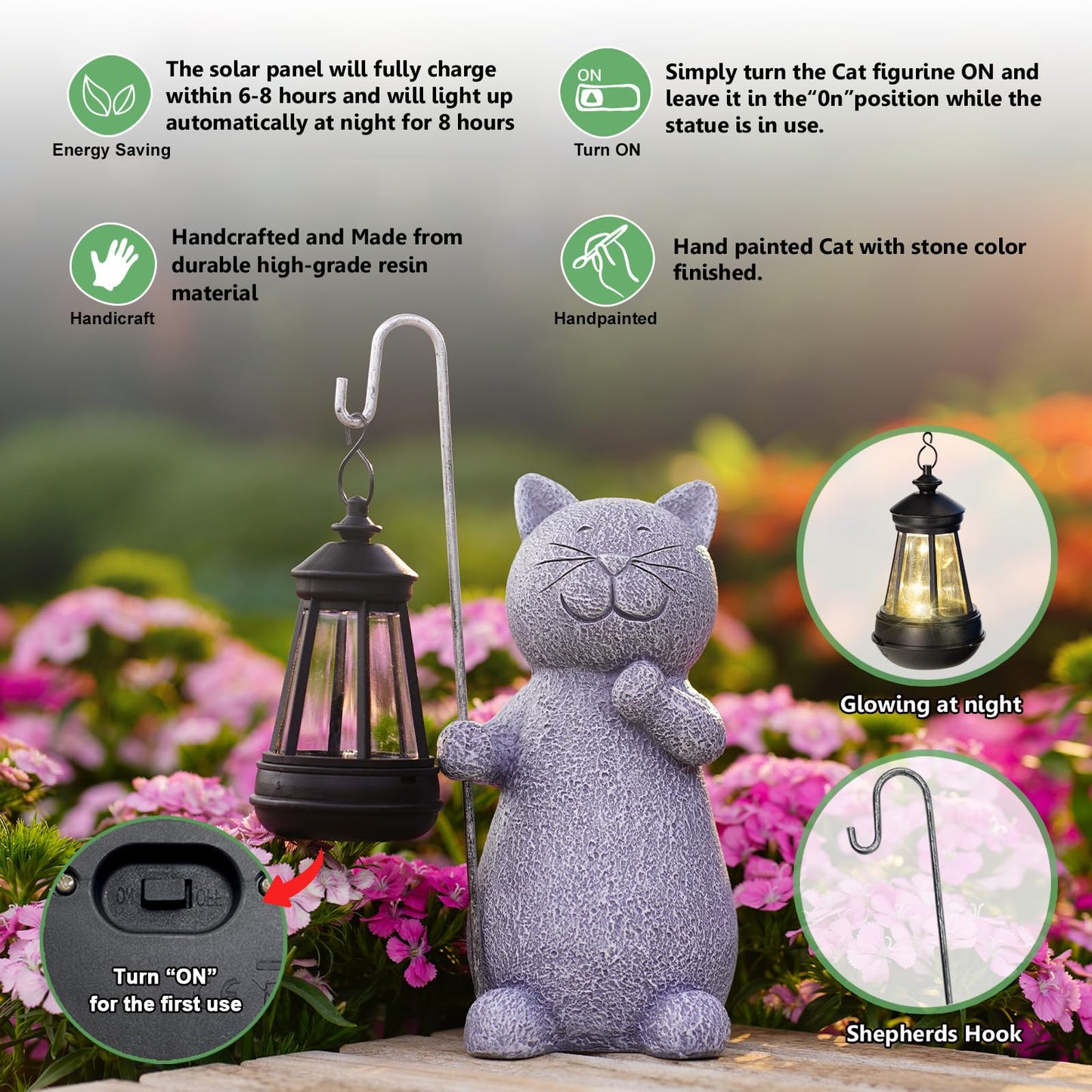 Qeeman Garden Decor Solar Statues: Mothers Day Birthday Gifts for Mom Grandma Women Sister Wife Lady Lover - Front Patio Balcony Yard Art Lawn Ornaments Porch Outdoor Outside Decorations (Cat)