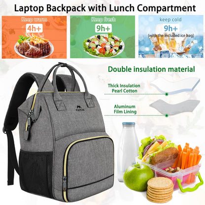 MATEIN Lunch Backpack, 15.6 Inch Insulated Cooler Bag with USB Port for Women Men, Water-Resistant Leak Proof Laptop Backpack Lunch Box Bag for Nurse Teacher Work Office Commute Travel Picnic, Grey