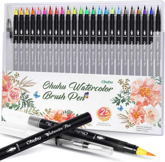 Professional Watercolor Brush Markers Pen 24 Colors of Ohuhu, Water Based Drawing Marker Brushes W/A Blending Aqua Pen, Water Soluble for Adult Coloring Books Comic Calligraphy