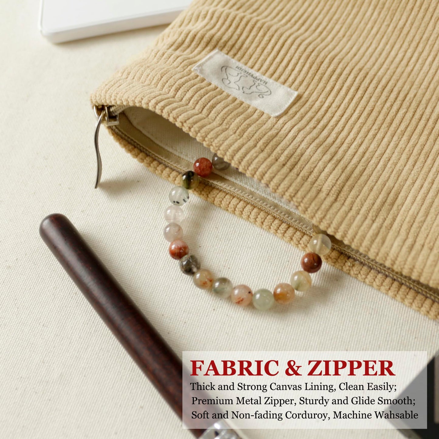 HAPPYHEIDI Creamy White Corduroy Makeup Bag Cosmetic Toiletry Travel Pouch, Make Up Accessory Purse Organizer, Canvas Lined