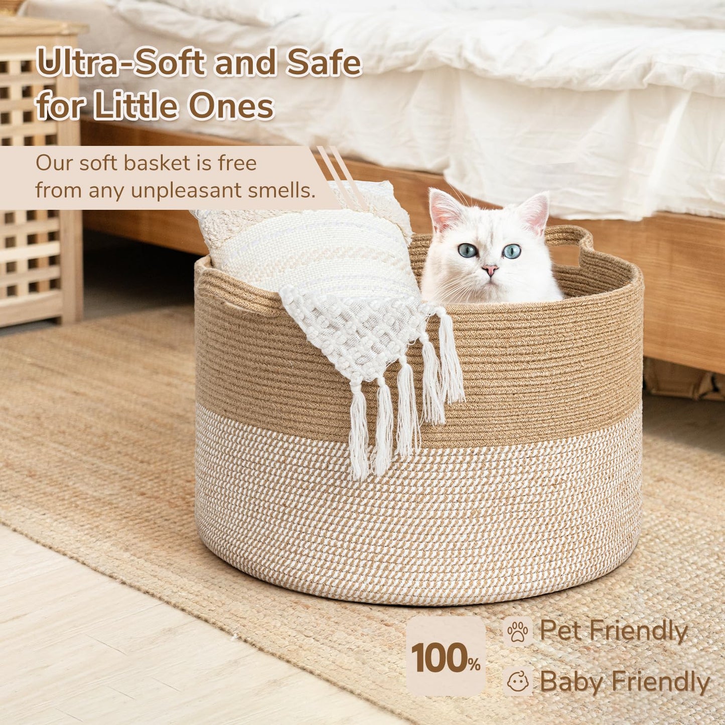 INDRESSME Extra Large Woven Baskets for Storage, 21.7'' x 13.8'' Wicker Basket with Handle for Blankets, Big Laundry Baskets for Clothes, Pillows, Towel, Shoe Basket for Entryway, 90L White Jute