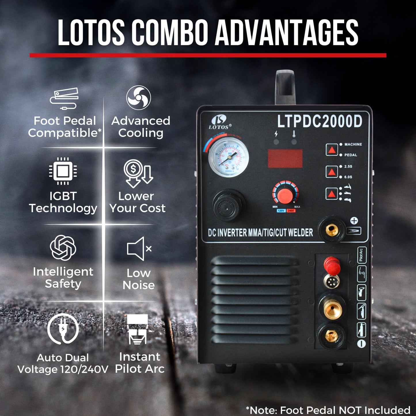LOTOS LTPDC2000D 2024 Upgraded 3 in 1 Plasma Cutter TIG Sitck Welder Combo, 5/8" 16mm Clean Cut 3/4" 20mm Severance Cut 50A Non-Touch Pilot Arc Plasma Cutting Machine, 200A Tig & Stick Welder, Brown
