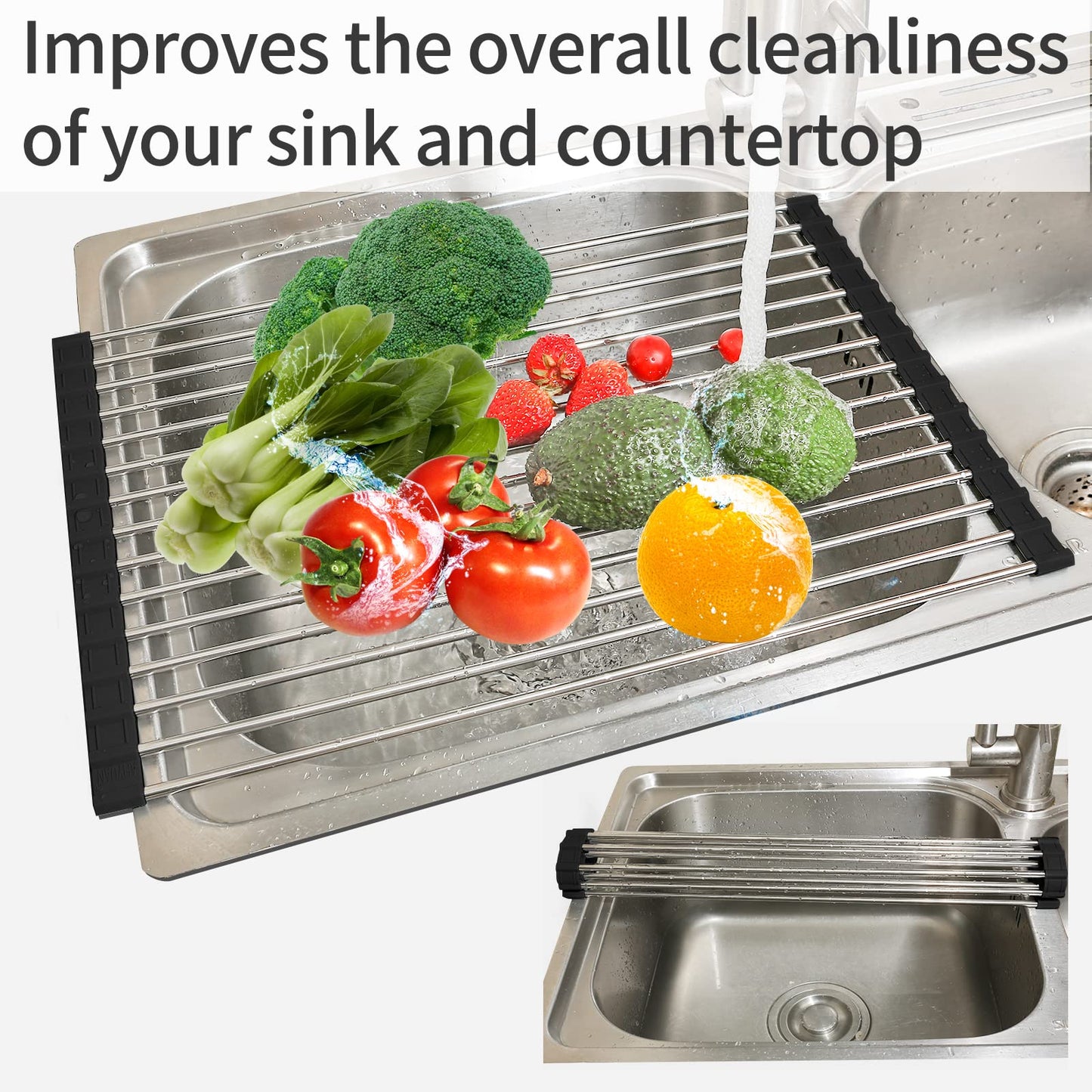 Ahyuan Black Stainless Steel Over-Sink Dish Drying Rack Roll-Up, Multipurpose Kitchen Dish Rack, Portable Rolling Dish Drainer for Kitchen Sink, RV Accessories (17.7''X11.2'')
