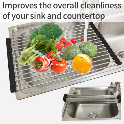 Ahyuan Black Stainless Steel Over-Sink Dish Drying Rack Roll-Up, Multipurpose Kitchen Dish Rack, Portable Rolling Dish Drainer for Kitchen Sink, RV Accessories (17.7''X11.2'')