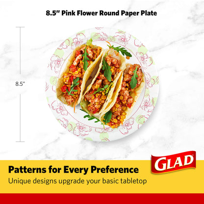 Glad Disposable Paper Plates, 8.5"| Round Soak Proof, Cut Proof, Microwaveable Heavy Duty Disposable Plates |50 Count Bulk Paper Plates, Pink Flower Print| Paper Plate for Parties, Dinner Paper Plates