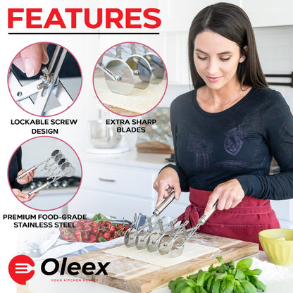 Oleex ‘All-Dough’ Pastry Cutter Set. 5 Wheel Dough Cutter and Dual Fluted Ravioli Cutter Wheel/Pizza Cutter Wheel! Versatile Brownie Cutter, Pasta Maker, Noodle Cutter, Stainless Steel Pizza Slicer