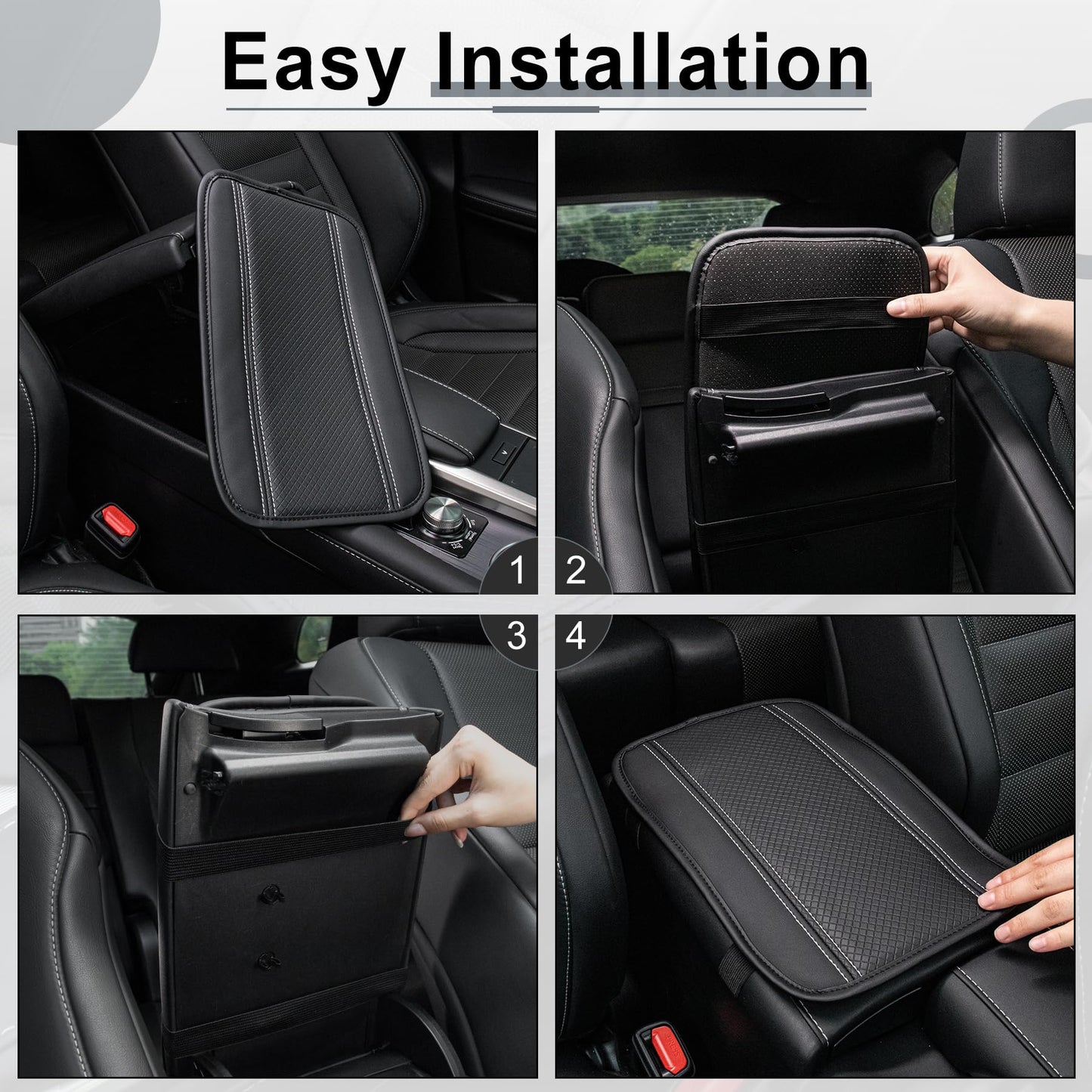 Amiss Car Center Console Pad, Universal Waterproof Car Armrest Seat Box Cover, PU Leather Auto Armrest Cover Protector，Vehicle Interior Accessories fits SUV/Truck/Car (Black-Silvery)