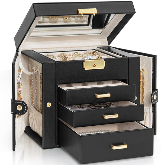 AKOZLIN 4-Tier Jewelry Box Leather Jewelry Storage Organizer with 3 Drawers Lockable for Women Girls Ring Necklace Earring Bracelet Holder with Mirror Black