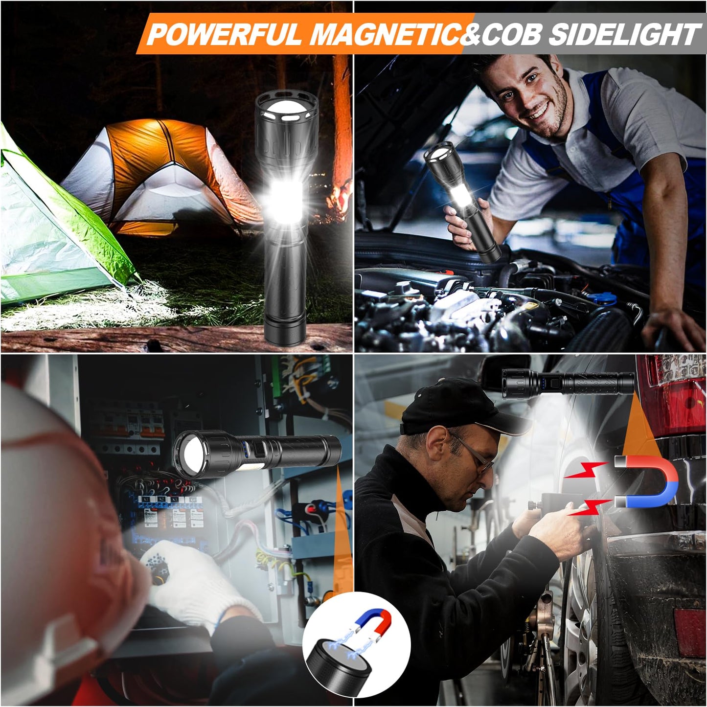 MOREVAC Flashlights High Lumens Rechargeable- Super Bright Tactical Magnetic LED Flash Light with 8 Modes,COB Work Light,Waterproof,Power Handheld Flashlight for Emergency,Hurricane,Hiking