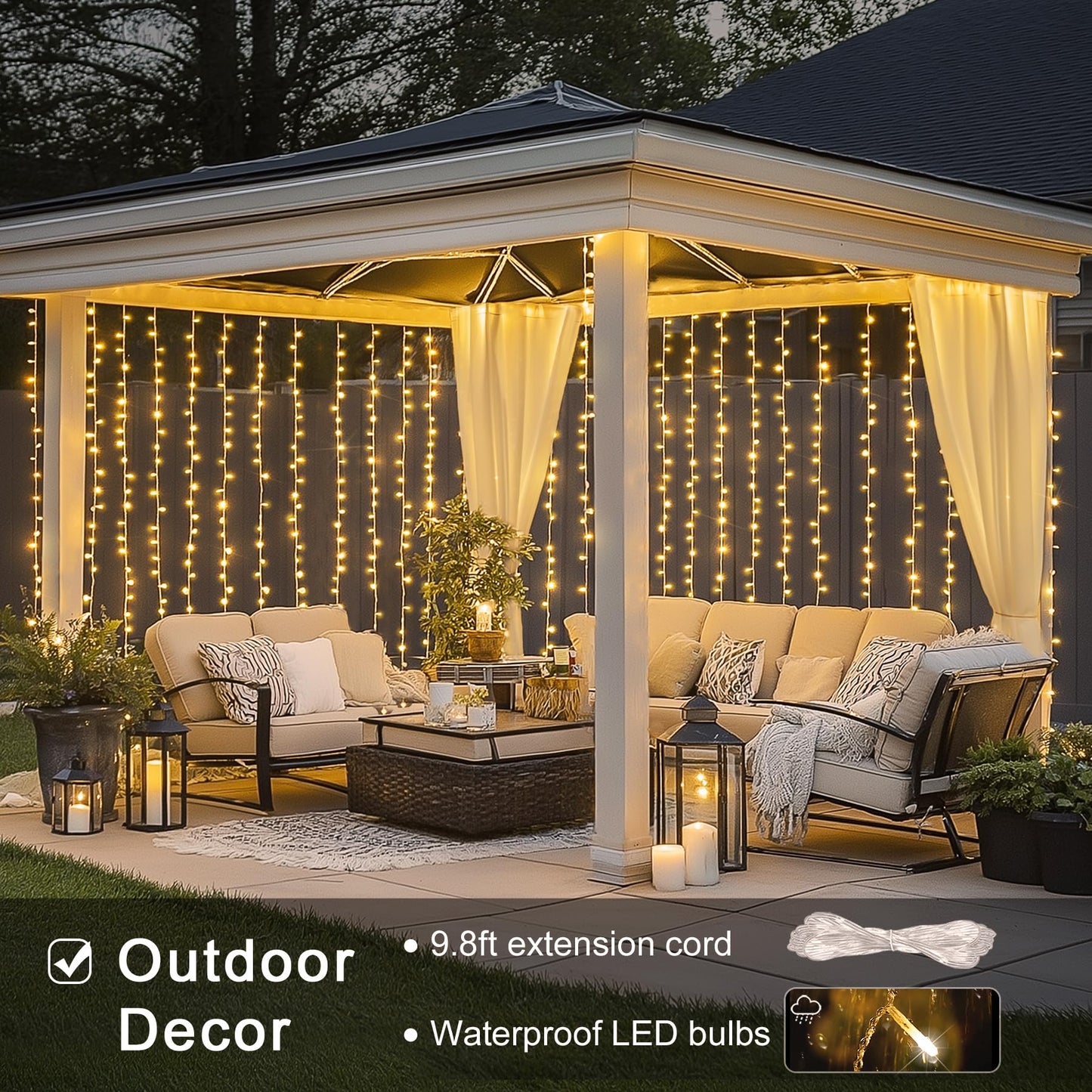 JMEXSUSS 300 LED Remote Control Curtain Lights, Plug in Fairy Curtain Lights Outdoor, Window Wall Hanging String Lights for Bedroom Backdrop Wedding Party Indoor Christmas Patio Dorm Decor, Warm White