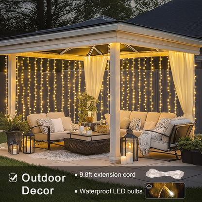 JMEXSUSS 300 LED Remote Control Curtain Lights, Plug in Fairy Curtain Lights Outdoor, Window Wall Hanging String Lights for Bedroom Backdrop Wedding Party Indoor Christmas Patio Dorm Decor, Warm White
