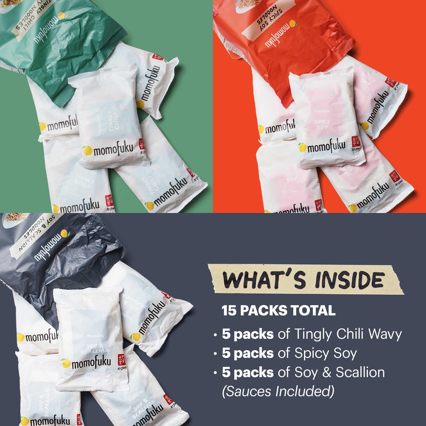 Momofuku Ramen Noodle Variety Pack by David Chang, 15 Meals (Pack of 3) Air-Dried Vegan Instant Noodles with Sauce