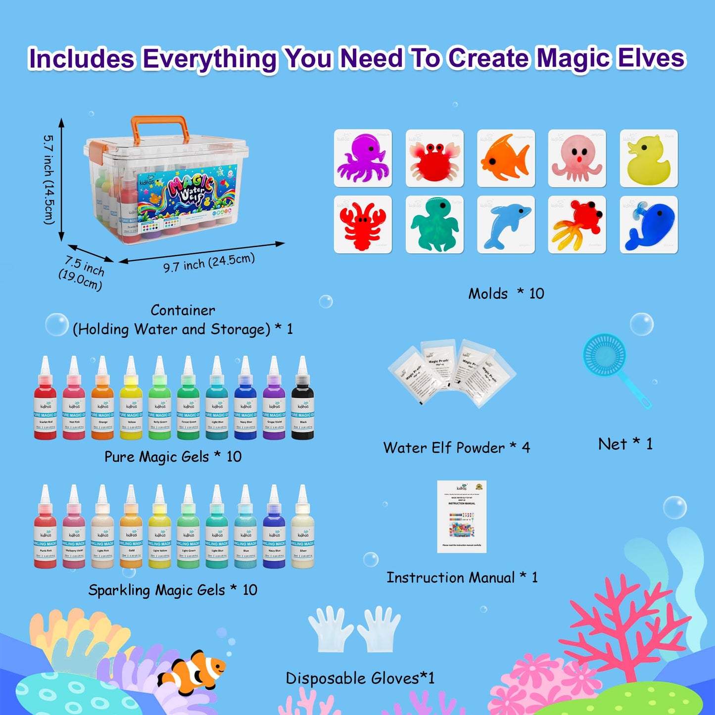 Kiditos Magic Water Elf Toy Kit, Aqua Fairy Water Gel Kit-20 Magic Gels&10 Molds–Make Your Own Water Pets & Squishy Toys–Fun Summer DIY Craft Kit, Birthday Gifts & Party Favors for Kids Ages 3+