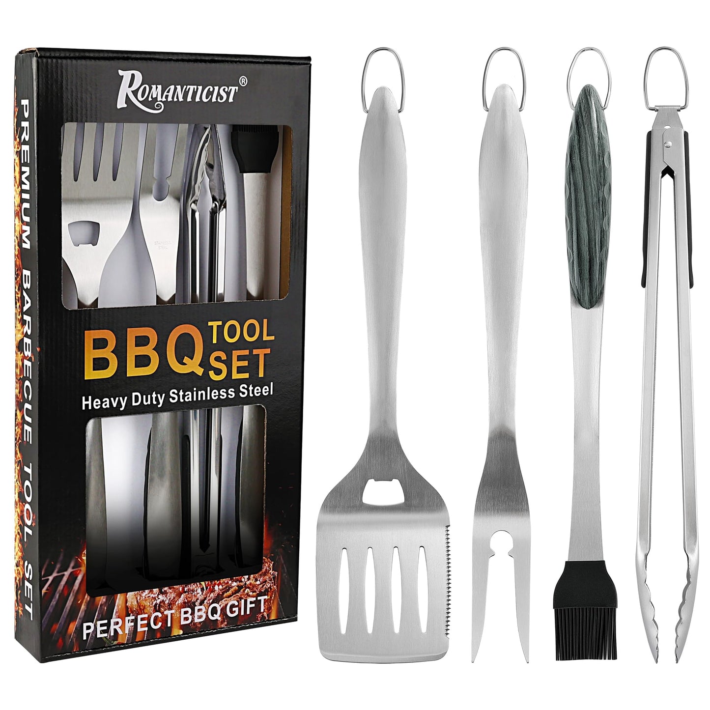 ROMANTICIST 4pc Heavy Duty Grill Accessories for Top Chef - Professional Grill Tools Set & Basic BBQ Tools for Backyard Restaurant Outdoor Kitchen - Deluxe Grill Gift for Dad on Father’s Day Birthday