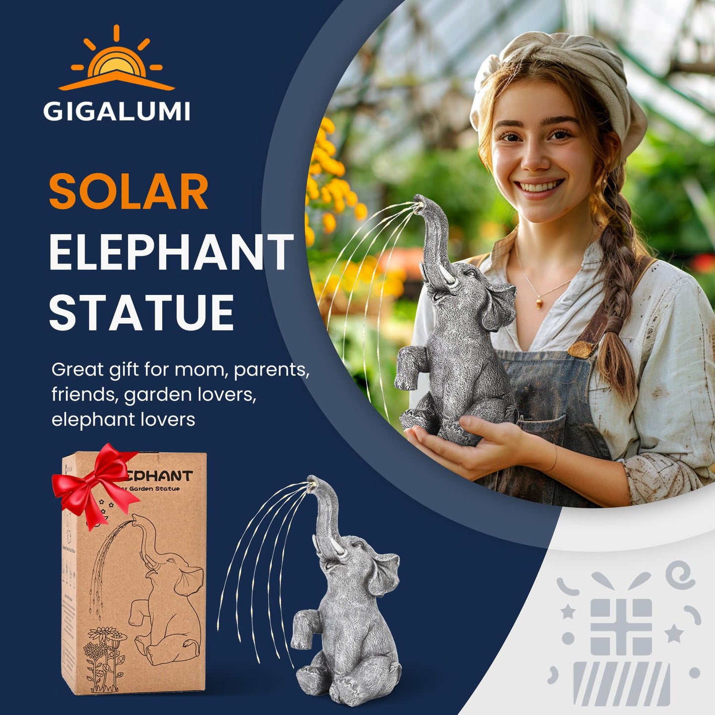 GIGALUMI Solar Garden Decor Upgraded Elephant Statues Outdoor, Birthday Gifts for Women Mom Grandma Senior Elder, Elephant Ornament for Balcony, Garden, Patio, Yard, Lawn (Twinkling Lights Only)