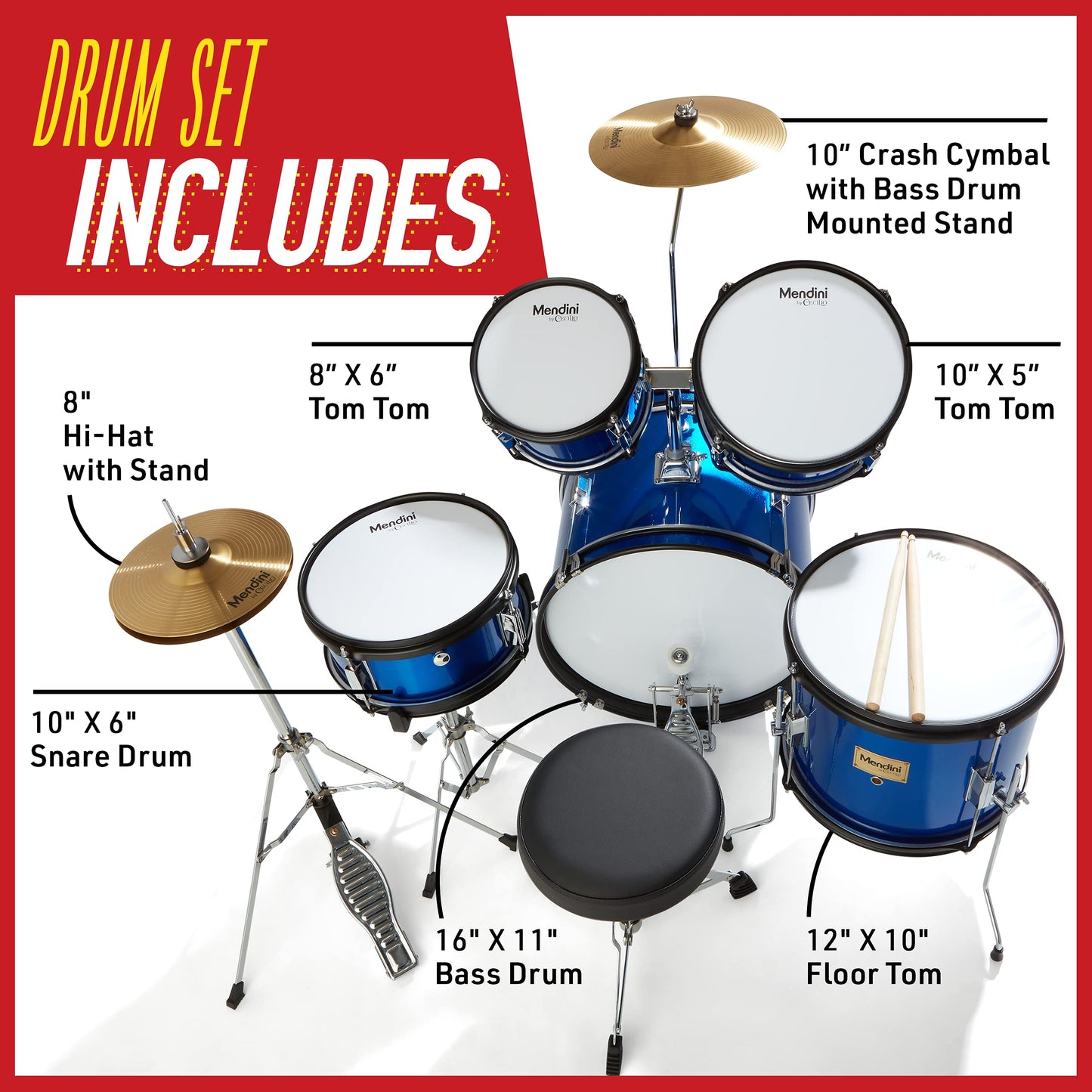 Mendini by Cecilio Kids Drum Set, 5 Piece 16 Inch Junior Drums Kit with Bass, Toms, Snare Drum, Cymbal, Hi-Hat, Drumsticks & Seat for Beginner Student (Metallic Blue)