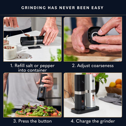 Home Hero Electric Salt and Pepper Grinder Set - Automatic Salt and Pepper Grinder Set Rechargeable. Electronic Salt and Pepper Shakers with LED Light, Electric Pepper & Salt Grinder, Set of 2
