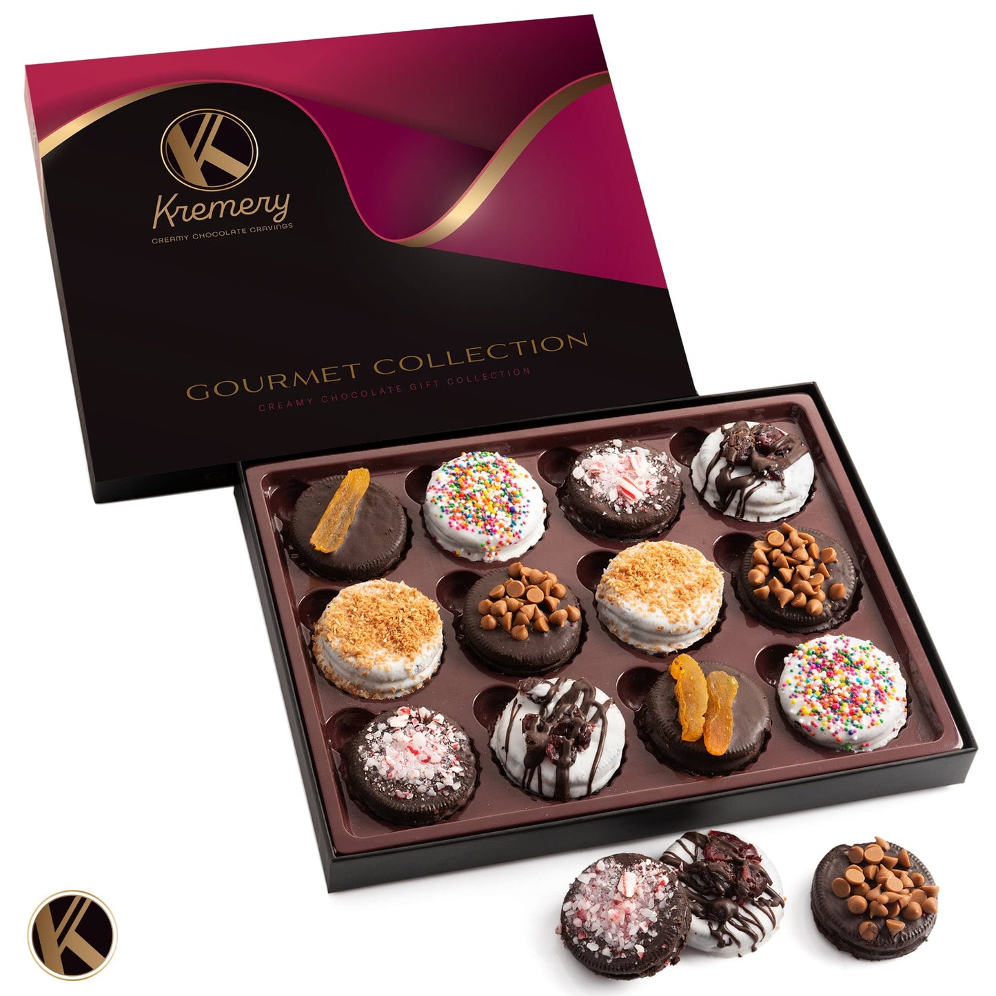 KREMERY Creamy Chocolate Cravings - Chocolate Covered Sandwich Cookies & Cream Gift Basket, in Elegant Gift Box (12 Cookies, Assorted Sweet Toppings) Food Assortments USA Made