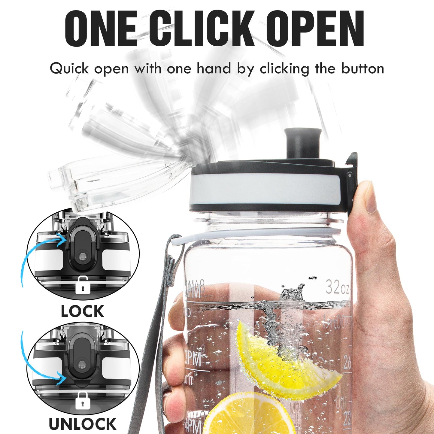 OLDLEY Water Bottle, 32oz Motivational Sports Water Bottle with Time Marker - Times to Drink - Tritan, BPA Free, Wide Mouth Leakproof, Clear (1 Bottle)