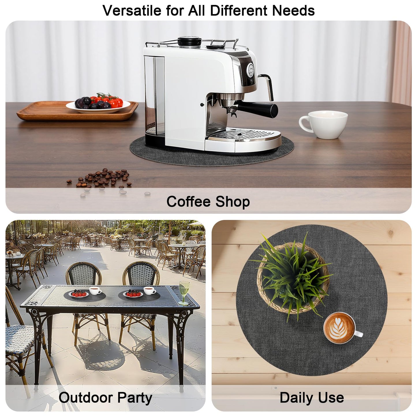 Myir JUN Round Dual-Sided Placemats, Faux Leather Set of 4 for Indoor and Outdoor Dining Tables, Non-Slip Washable Table Mats (Gray Beige)