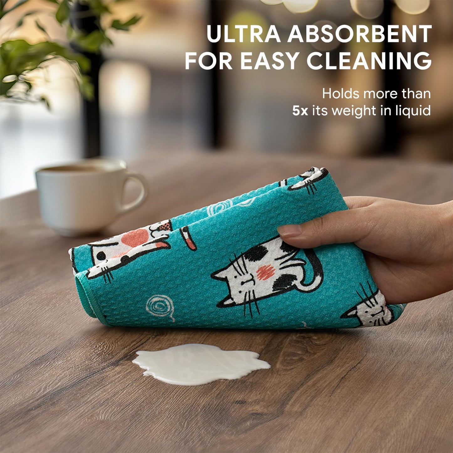 RECYCO Waffle Kitchen Towel Set of 2 - Quick Dry Microfiber Sustainable Dish Towels - Ultra Absorbent Reusable Cleaning Tea Towels - Lightweight Hand Towels,16”x 28”, Cuddly Cats