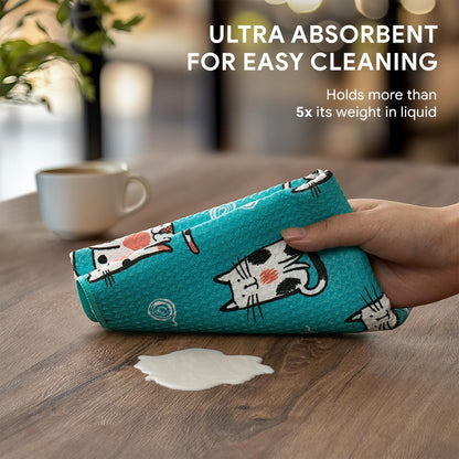 RECYCO Waffle Kitchen Towel Set of 2 - Quick Dry Microfiber Sustainable Dish Towels - Ultra Absorbent Reusable Cleaning Tea Towels - Lightweight Hand Towels,16”x 28”, Cuddly Cats