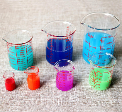 High Borosilicate Glass Measuring Cup Set-V-Shaped Spout，Includes 5ml/15ml/30ml/60ml/120ml/150ml/250ml Glass Measuring Beaker for Kitchen or Restaurant, Easy to Read(Pack of 7)